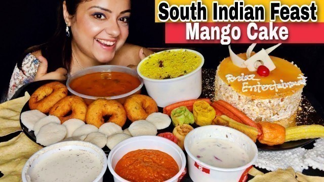 'Eating South Indian Food & Mango Cake | Idli, Vada, Sambhar, Lemon Rice, Raita & Papad | Indian Food'