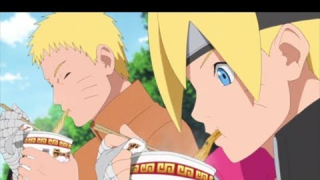 'Naruto and boruto eating ramen, visiting Master Jiraiya, Sasuke expressing his feelings for Sakura.'