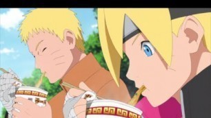 'Naruto and boruto eating ramen, visiting Master Jiraiya, Sasuke expressing his feelings for Sakura.'