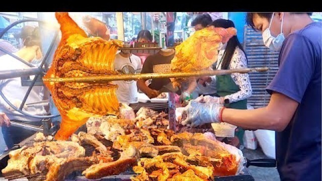 'Best selling grilled pork, street food in Phnom Penh at Toul Tompoung Market'