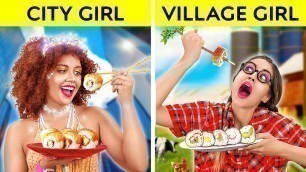 'GIGA RICH CITY GIRL vs BROKE VILLAGE GIRL || Expensive VS Cheap FOOD Battle by 123GO! CHALLENGE'