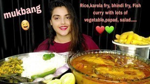 'Eating huge Bengali style vegetable fish curry,karela fry,bhindi fry,papad,Mukbang,ASMR,Big Bites