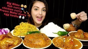 'ASMR Eating: Spicy Chicken curry,Egg Kosha,Fish Kalia, Prawn Malai Curry, Veg Biryani, Indian Sweets'