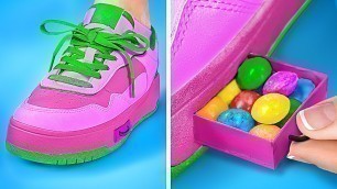 'HIDE CANDIES IN SHOE || Sneak Food & Makeup Into Class! Parenting Edible DIY Hacks by 123 GO!'