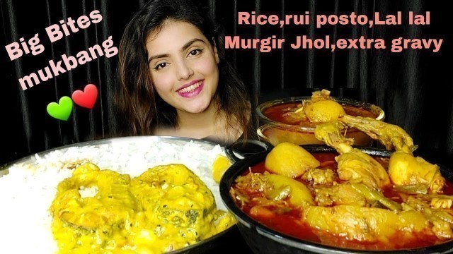 'Eating Rice,Fish,Lal Lal Murgir Jhol,Mukbang,ASMR,Eating Show, Big Bites,Messy Eating,Homemade Food'