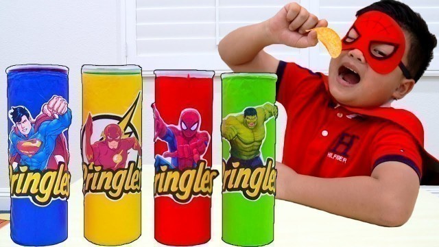 'Alex and Eric Pretend Play with Magic Superhero Chips | Kids Food Toys Transforms into Superheroes'