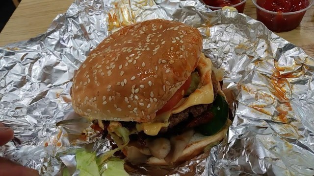 'FIVE GUYS Bacon (DOUBLE) Cheeseburger ALL THE WAY Add Hot Sauce And Jalapenos With Cajun 