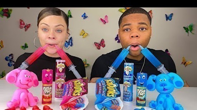 'ASMR PINK FOOD VS BLUE FOOD, JELLO SHOOTER, PUSH POP, SOUR CANDY SPRAY MUKBANG'