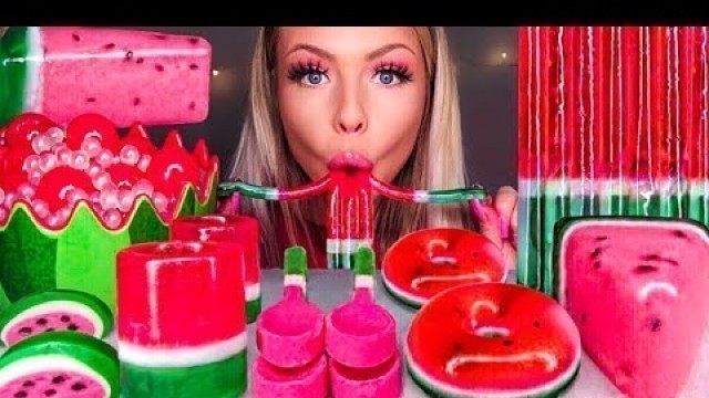 'ASMR *WATERMELON DESSERTS* JELLY CAKE, EDIBLE SHOT GLASSES, SPOON, JELLY DONUT, BOBA MUKBANG 먹방'