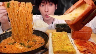 'ASMR MUKBANG| 직접 만든 진라면 계란말이 치즈 스팸 김치 김 먹방 & 레시피 FIRE NOODLES AND CHEESE SPAM EATING'