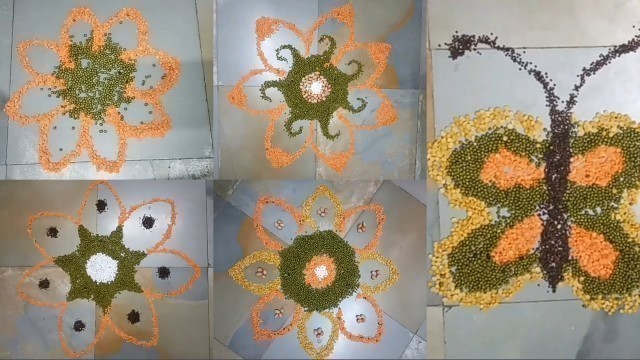 'Creative Art in Multi Grains | Multi Grains Rangoli | Food Grains Flowers | Butterfly in Food Grains'