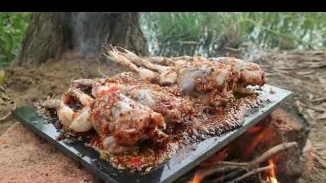 'Hmong frogs grilling on the rock recipes at village in rainy season in my country'