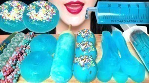 'ASMR BLUE FOOD *EDIBLE SPOON, ICE CREAM, PLANET GUMMY CANDY, ROPE JELLY, JUICY DROP GUMMIES MUKBANG'