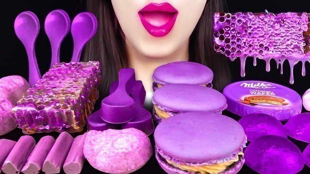 'ASMR PURPLE FOOD *HONEYCOMB, EDIBLE SPOONS, MILKA, JELLY 먹는 숟가락, 벌집꿀, 밀카, 마카롱, 젤리 먹방 EATING SOUNDS'