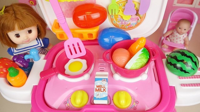 'Baby doll Kitchen cooking food toys and surprise eggs play'