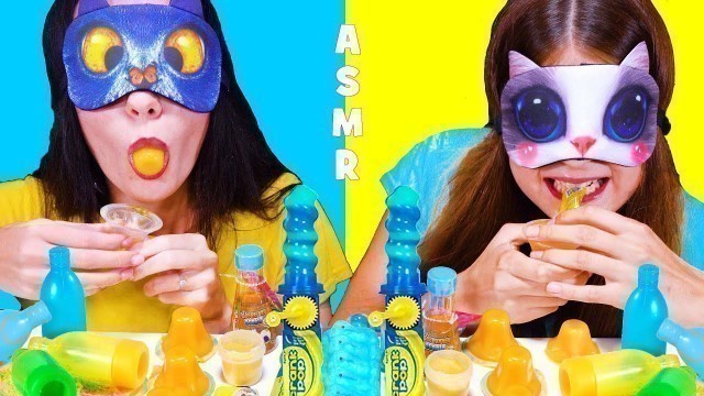 'ASMR *BLUE AND YELLOW FOOD* RACE WITH CLOSED EYES, EDIBLE TOOTHPASTE, JELLY CUPS MUKBANG 먹방'