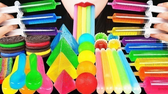 'ASMR RAINBOW FOODS: OREOS, EDIBLE SPOON, JELLO SHOOTER, SOUR BELT CANDY, NIK L NIP, JELLY PYRAMID 먹방'