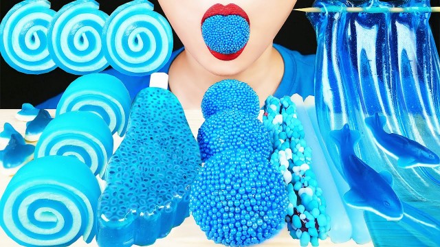 'ASMR BLUE FOOD: JELLO PINWHEELS, EARTH GUMMY CANDY, FROG EGG JELLY SHEET, NERDS ROPE, NIK L NIP WAX'