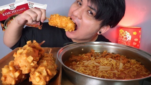 'HOT AND SPICY KIMCHI RAMEN WITH TTEOKBOKKI AND POTATO CHEESE CORNDOG MUKBANG | KOREAN FOODS MUKBANG'