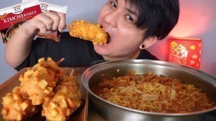 'HOT AND SPICY KIMCHI RAMEN WITH TTEOKBOKKI AND POTATO CHEESE CORNDOG MUKBANG | KOREAN FOODS MUKBANG'