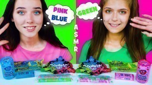 'ASMR BLUE, PINK AND GREEN FOOD (JELLY STRAWS, BUBBLE GUM, SQUEEZE PLAY CANDY) MUKBANG'