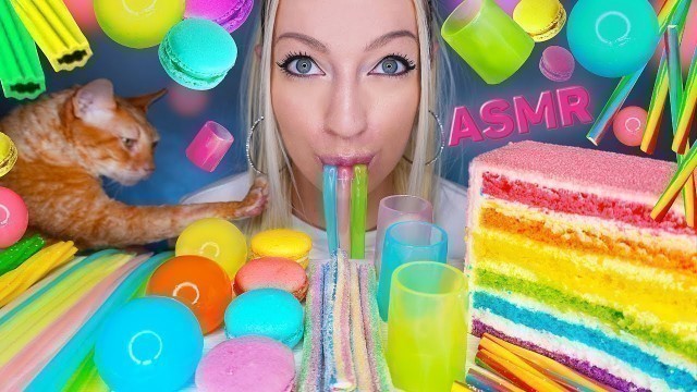 'ASMR EATING RAINBOW FOODS, JELLY NOODLES (CANDY, EDIBLE GLASS, JELLY BALLS, RAINBOW CAKE) MUKBANG 먹방'