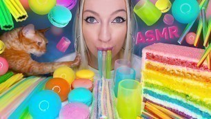 'ASMR EATING RAINBOW FOODS, JELLY NOODLES (CANDY, EDIBLE GLASS, JELLY BALLS, RAINBOW CAKE) MUKBANG 먹방'