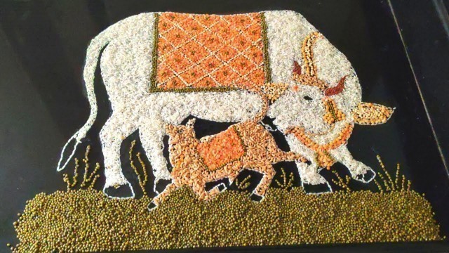 'Rangoli design using Grains and pulses for vasubaras cow/grains art and craft/food grains art/craft'