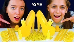 'ASMR YELLOW FOOD JELLY CUPS, EDIBLE SHOES, TWIZZLERS, WAX STICKS, WAX BOTTLES EATING MUKBANG'