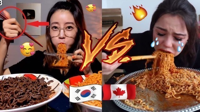 'Koreans vs. Non-Koreans Mukbangers Eating FIRE NOODLES'