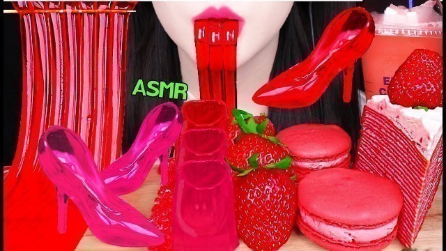 'ASMR RED FOODS *EDIBLE HIGH HEEL, JELLY NOODLES, STRAWBERRY CREPE CAKE 먹는 구두, 먹는 컵 먹방 EATING SOUNDS'