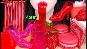 'ASMR RED FOODS *EDIBLE HIGH HEEL, JELLY NOODLES, STRAWBERRY CREPE CAKE 먹는 구두, 먹는 컵 먹방 EATING SOUNDS'