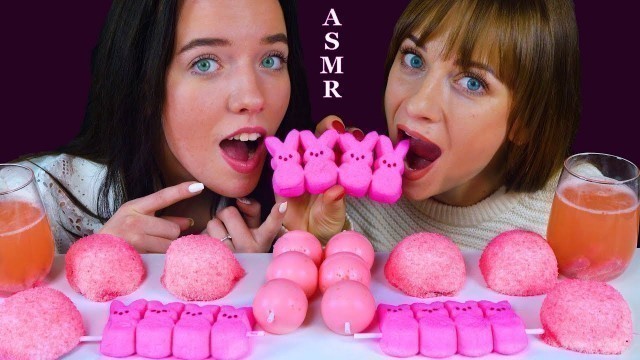 'ASMR MOST POPULAR PINK FOOD RACE (SNOBALLS CAKE, JELLY BALLS, PEEPS) EATING SOUNDS'