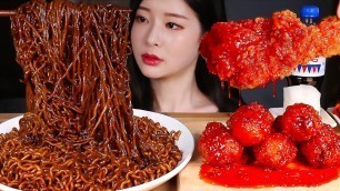 '짜장라면 매운양념치킨 먹방/BLACK BEAN NOODLES & SPICY FRIED CHICKEN MUKBANG Mie kacang hitam, Ayam goreng pedas'