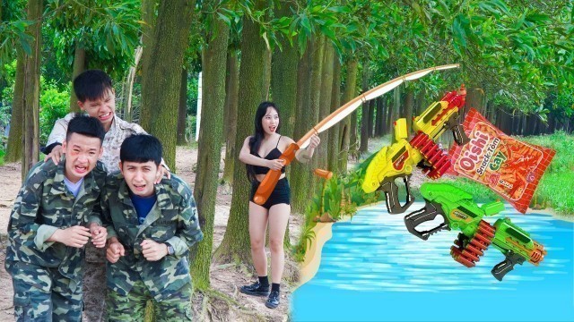 'Couple Idiots Fishing Competition Nerf Guns Food Battle Assassin Group | K2 Nerf War'