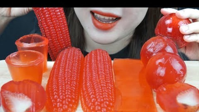 'ASMR *RECIPE* RED FOOD, STRAWBERRY JELLY, SHEET JELLY, PUMPKIN JELLY || EATING SOUNDS'