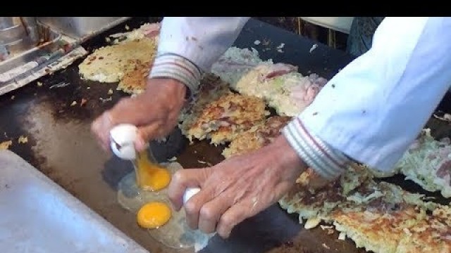 'Japanese Street Food - OKONOMIYAKI 100YEN(1US＄) in Osaka Nishinari'