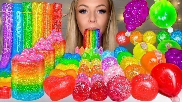 'ASMR RAINBOW GLITTER* EDIBLE SHOT GLASS, POPPING BOBA, TIK TOK JELLY FRUIT CANDY MUKBANG 먹방 HUNNIBEE'