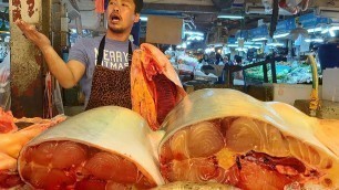 'Big Fish Cutting Skills and Thai Street Food in Bangkok, Thailand. Or Tor Kor Market'