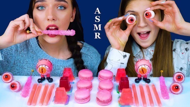 'ASMR PINK FOODS BUBBLE GUM EYEBALLS, WAX STICKS, STRAWBERRY MACARON, JELLY CUPS EATING SOUNDS'