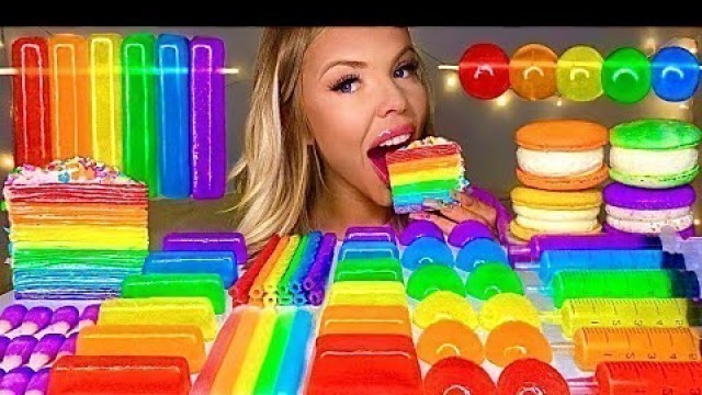 'MOST POPULAR ASMR FOOD* RAINBOW CREPE CAKE JELLY STRAWS NIK-L-NIP WAX STICKS SQUARE JELLY MUKBANG 먹방'