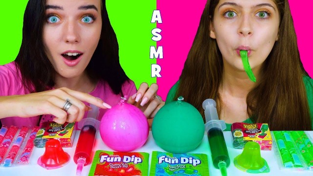 'ASMR Pink Food VS Green Food (Jelly Noodles, Jello shooter, Jelly cups, Jelly straws)'