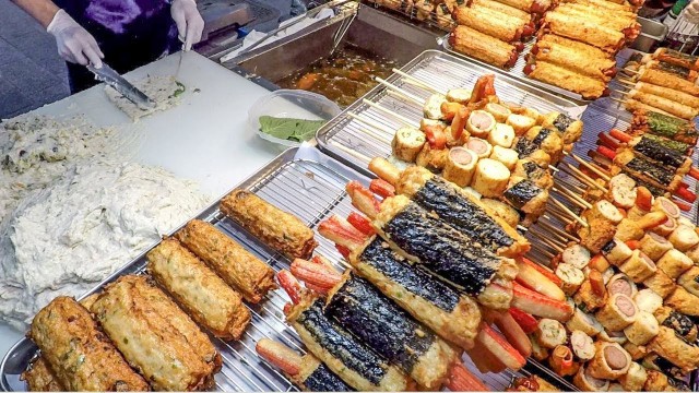 'Korea Street Food. Cooking \'Hotbar\', Fish Paste Deep-Fried. Myeongdong, Seoul'