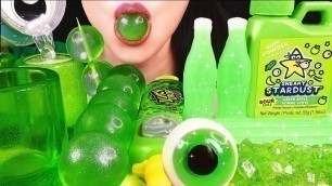 'ASMR GREEN FOOD: GUM POWDER, EDIBLE JELLO CUPS, GRAPE JELLY, NIK L NIP WAX BOTTLE, ROCK CANDY, GUMMY'