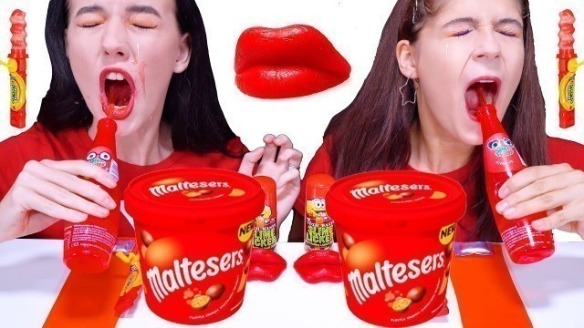 'ASMR *RED FOOD* JELLO SHEET, TWIST AND DRINK, MALTESERS, BUBBLE GUM MUKBANG 먹방'