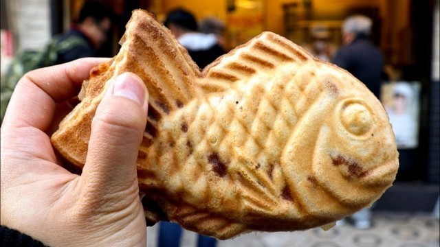 'Japanese Street Food - Sweet Potato Cream TAIYAKI  Fish Shaped Pancake Osaka Japan'