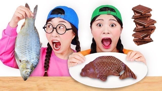 'REAL FOOD VS JELLY CHOCOLATE FOOD CHALLENGE 진짜 초콜릿 챌린지 DONA 도나'