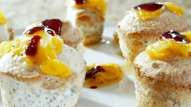 'Artisan Food Processor recipes - Angel Cake with Mango-Coffee Compote and Blueberry-Lemongrass Sauce'