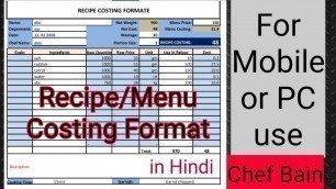 'Recipe costing Menu Costing Format for Mobile and pc in Hindi Version-2'