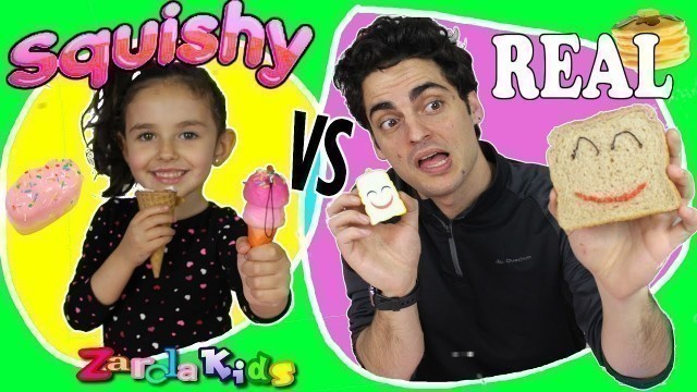 'SQUISHY FOOD VS. REAL FOOD CHALLENGE!!! squishies Zarola kids'